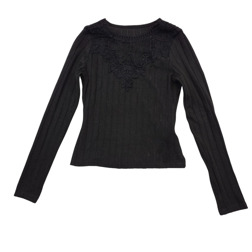 Shein Black Ribbed Stretch Long Sleeve Top with Lace Detail Ribbed Black Size XS
